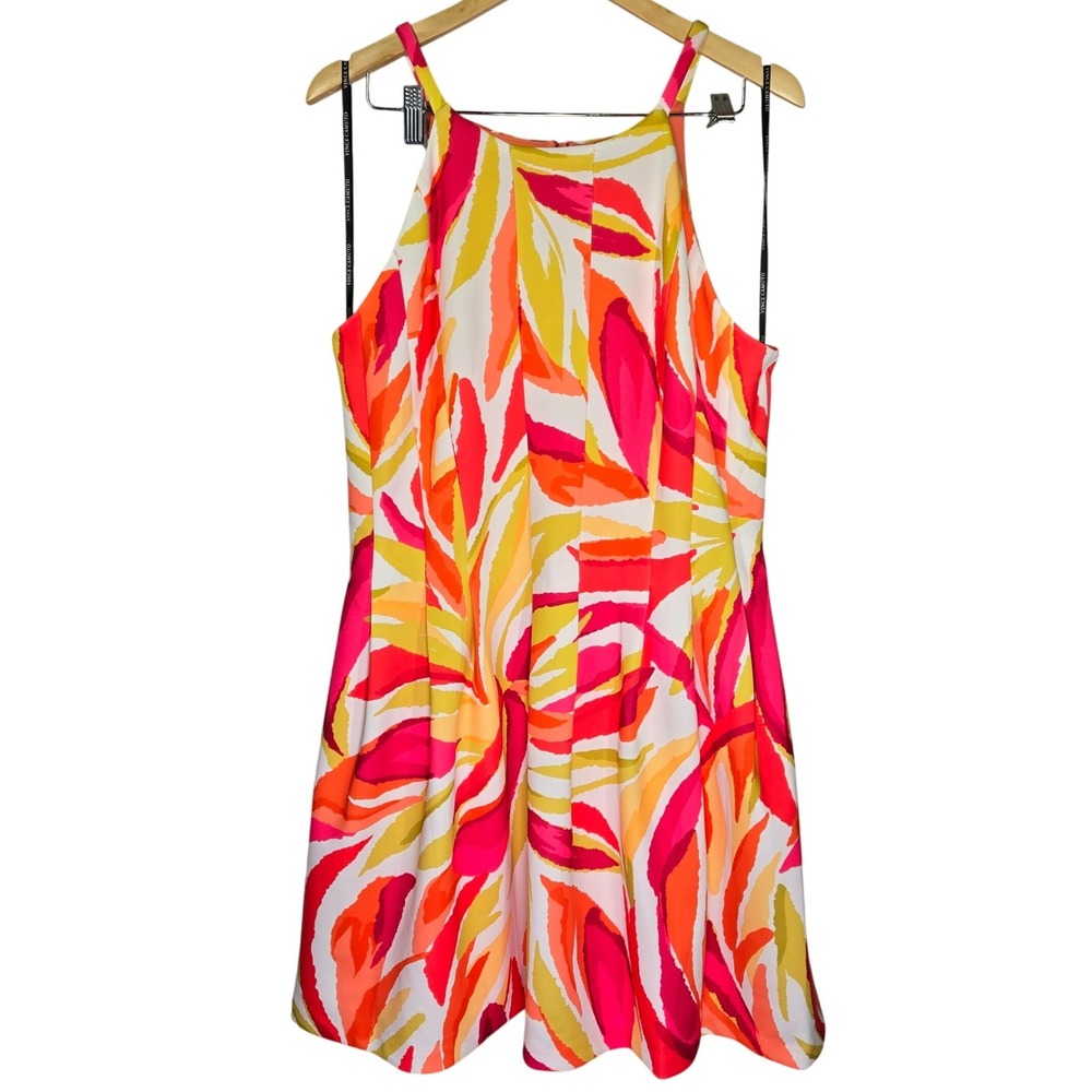 Vince Camuto Womens Pink Orange Abstract‎ Leaf Print Halter Dress Size 16